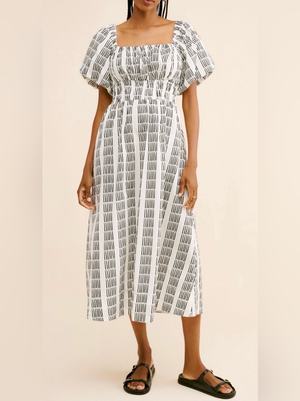 Maeve White Black Geometric Square Neck Puff Sleeve Smocked Midi Dress Med NWT